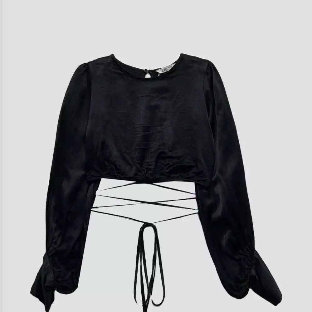 Zara Black Satin Lace-Up Crop Top - Unbranded